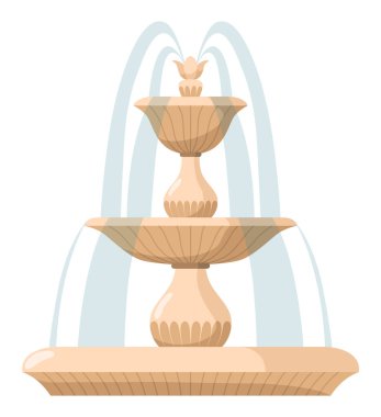 Su fıskiyesi ve su sıçraması. Su damlalarıyla klasik ve modern mimari dekoru. Mimari elementler çizgi film vektörüyle açık hava park dekorasyonu.