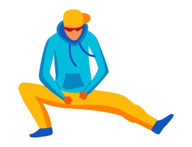 Çağdaş ve klasik dans. Dansçı karakter tasarımı. Düz vektör çizimi. Modern dans tarzı. Hip-hop, break, bale.