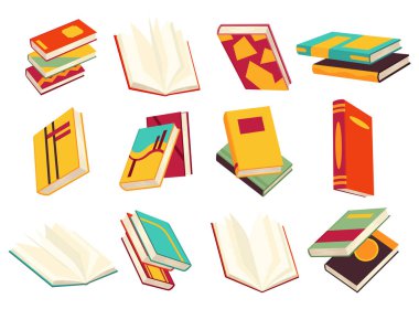 Vektör kitapları simgesi ayarlandı. Öğrenme ya da eğitim konsepti. Kitapların ya da defterlerin farklı tasarımı. Kitap okuyarak, öğrenerek ve kitaplarla eğitim alarak. Daha fazla kitap oku.