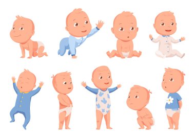 Yeni doğmuş bebek. Yüzünde nazik bir gülümseme olan yeni yürümeye başlayan çocuk. Yeni doğmuş şirin bir bebek. Vektör karikatür çizimi beyaz arkaplanda izole edildi.