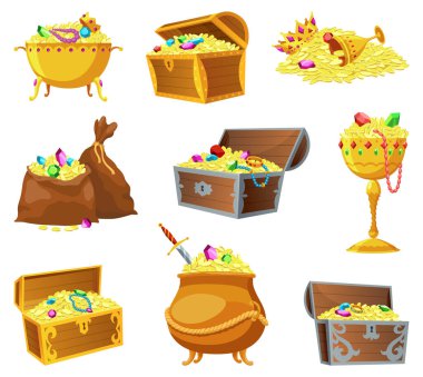 Hazine altınları. Parlak kraliyet altını ve değerli taşlarla dolu eski bir çuval. Sandık dolusu altın, parlak tasarruflar. Altını olan çömlek, beyaz arka planda izole edilmiş altın sikkeleri olan kazan. Vektör simgeleri.