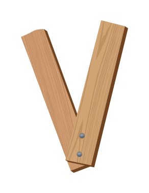 Tahta alfabe yazı tipi, sembol V. Beyaz üzerine izole edilmiş doku harfi, vektör illüstrasyonu. Tahtadan yapılmış tipografi yazı tipi.