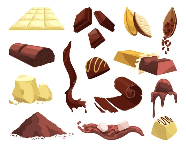 stock vector Realistic chocolate pieces of dark and milk chocolate icon set. Chunk of cocoa dessert and square chocolate candy. Food sweet snack isolated on white background.