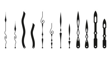 Saat işaretli oklar. Siyah siluet kronometre elementleri. Saat kolları ayarlandı. El ele tutuşun, izole zaman göstergeleri. Vektör çizgi film illüstrasyonu.