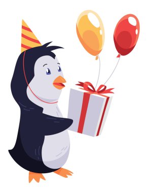 Şirin penguen hediye kutusu ve balonla ayakta duruyor. Çizgi film tarzında komik bir çizim karakteri. Sevimli vahşi hayvan. Vektör illüstrasyonu.