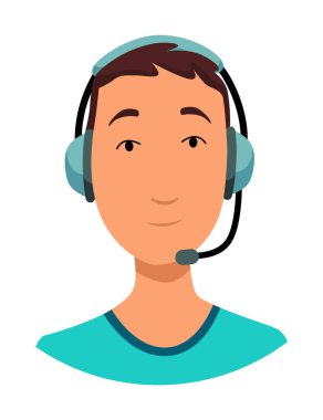 Kulaklıklı çağrı merkezi operatörü Avatar. Çevrimiçi destek servisi asistanı. Erkek müşteri yardım müdürü. Karakterin vektör çizimi.