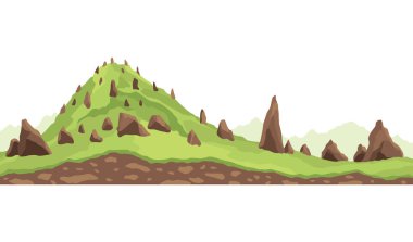 Oyun manzarası. Çizgi film tasarımı doğa. Toprak kesiminin manzarası. Beyaz arkaplanda izole edilmiş kesitin görüntüsü.