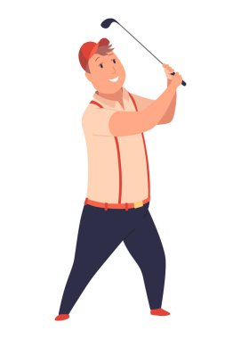 Golf oyuncusu, golf sahasında erkek golfçü. İyi bir atış yapmayı düşünüyorum. Boş zaman sporu, yaz tatilinde çimenlikte oyun. Düz vektör çizimi beyaz arkaplanda izole edildi.