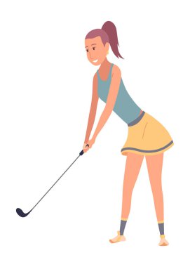Golf oyuncusu, golf sahasında bayan golfçü. İyi bir atış yapmayı düşünüyorum. Boş zaman sporu, yaz tatilinde çimenlikte oyun. Düz vektör çizimi beyaz arkaplanda izole edildi.