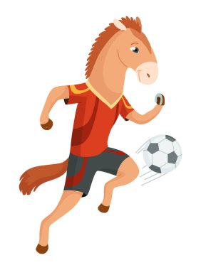 Hayvan futbol oynuyor. Şirin futbol takımı oyuncusu pozisyonu. Spor herkes içindir. Komik vektör karakter çizimi.