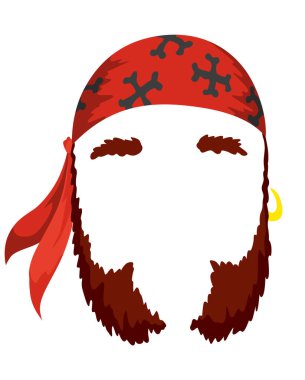 Korsan maskesi. Çizgi film yüz dekorasyonu - bandana ve sakal. Parti aksesuarları, baş kostüm konsepti. Selfie fotoğrafınız, görüntülü sohbet filtreniz ya da fotoğraf kabininiz için dekorasyon ögesi.