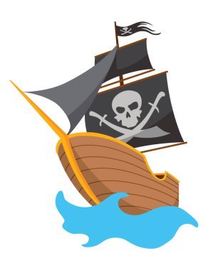 Jolly Roger ve siyah yelkenli karikatür korsan gemisi çizimi. Şirin vektör simgesi. Korsan gemisi su üzerinde ilerliyor..