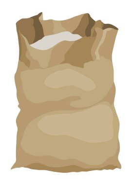 Çuval bezi çiftliği çantası un, pirinç ya da tuz. Tarım ürünleri. Kahverengi tekstil balyasında tarım üretimi, içinde ürün olan açık torba. Çizgi film vektör simgesi.