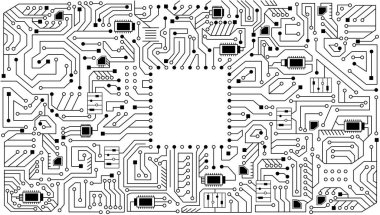 Renkli elektronik pano. Yüksek teknoloji devre kartı vektör arkaplanı. Yapay zeka devre çizgisi tarzı. Akıllı ağ yapay zekası, dijital teknoloji. Fütürist mikroçip işlemcisi.