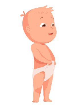 Yeni doğmuş bebek. Yüzünde nazik bir gülümseme olan yeni yürümeye başlayan çocuk. Yeni doğmuş şirin bir bebek. Vektör karikatür çizimi beyaz arkaplanda izole edildi.