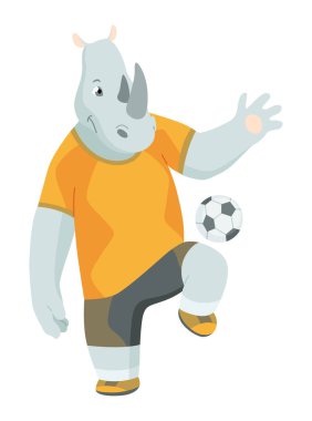Hayvan futbol oynuyor. Şirin futbol takımı oyuncusu pozisyonu. Spor herkes içindir. Komik vektör karakter çizimi.