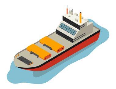 Bir kargo gemisinin tasarım elementleri içeren, deniz taşımacılığını gösteren kargo gemisinin Isometric vektör çizimi