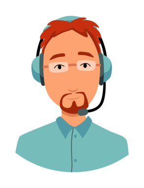Kulaklıklı çağrı merkezi operatörü Avatar. Çevrimiçi destek servisi asistanı. Erkek müşteri yardım müdürü. Karakterin vektör çizimi.