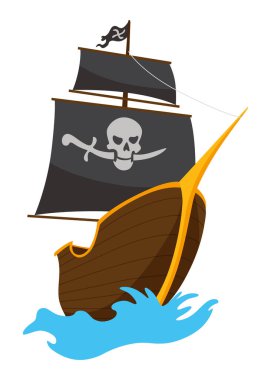 Jolly Roger ve siyah yelkenli karikatür korsan gemisi çizimi. Şirin vektör simgesi. Korsan gemisi su üzerinde ilerliyor..
