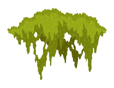 Çizgi film orman yosun şekli. Yeşil bataklık yosunu, orman asılması ve sürünen liken. Yağmurlu orman bitkisi. Beyazda izole edilmiş bilgisayar oyunları için bataklık fabrikası. Düz vektör illüstrasyonu.