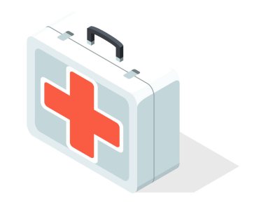 İlk yardım izometrik ikonu, tıbbi araç. İlaç ya da ilaç üretimi. İzometrik vektör illüstrasyonu.