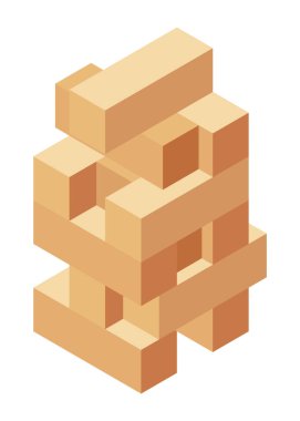 Tahta oyunu, düz izometrik görüş. Jenga 'nın izole edilmiş renkli ikonu. Çizgi film aile masası oyunu yetişkinler ve çocuklar için eğlence ve eğlence için. Vektör illüstrasyonu.
