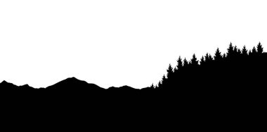 Görüntü arka planında siluetler var. Dağları ufuk çizgisi ve çam ağaçları olan Rocky Panorama. Eğimli manzara, vektör karikatür çizimi.