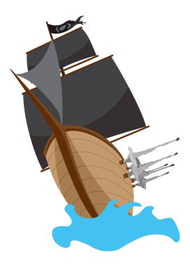 Siyah yelkenli karikatür korsan gemisi çizimi. Şirin vektör simgesi. Korsan gemisi su üzerinde ilerliyor..