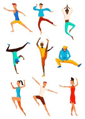 Çağdaş ve klasik dans seti. Dansçı karakter tasarımı. Düz vektör çizimi. Modern dans stilleri. Hip-hop, break, bale.