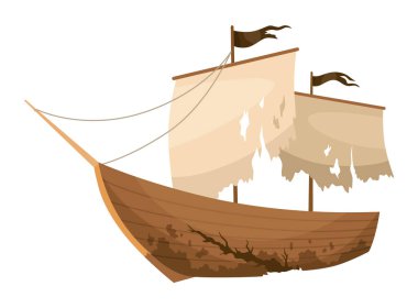 Broken ship icon. Cartoon wooden battered ship with tattered flag and sails after wreck or attack. Destroyed, wreck ship isolated on white background.