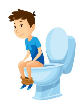 Çocuk tuvalet ikonu seti kullanıyor. Bebek tuvaleti kullanıyor. Çizgi filmdeki komik anaokulu çocuğu tuvalet eğitimi alıyor, beyazlar içinde izole edilmiş. Vektör illüstrasyon bilgileri tuvaletin nasıl kullanılacağını gösterir.