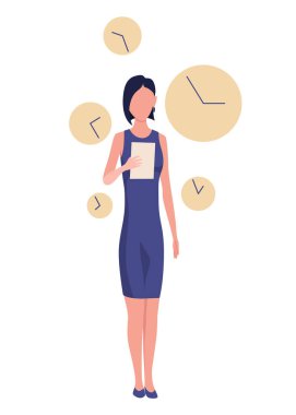 Etkili zaman yönetimi. Verimlilik çalışma zamanı. Üretkenlik saati olan serbest çalışan bir kadın. Zaman yönetimi, kontrol iş zamanı ya da iş bitiş süresi kavramı, akıllı iş kadını.