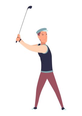Golf oyuncusu, golf sahasında erkek golfçü. İyi bir atış yapmayı düşünüyorum. Boş zaman sporu, yaz tatilinde çimenlikte oyun. Düz vektör çizimi beyaz arkaplanda izole edildi.