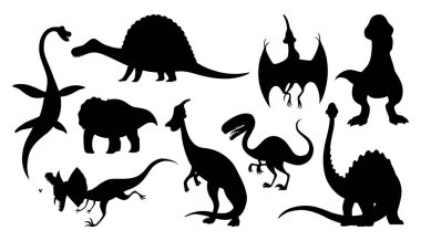 Dinozor bebek siluetleri seti. Dinozor canavarları simgeleri. Çocuk teması için tarih öncesi komik küçük canavar. Vektör illüstrasyonu beyazda izole edildi.