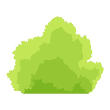 Bush ikonu. Çizgi film ormanı ya da bahçe çiti. Beyaz üzerine izole edilmiş yaz çizgi filmi nesnesi. Peyzaj sahnesi element oluşturur. Vektör çizgi film illüstrasyonu.