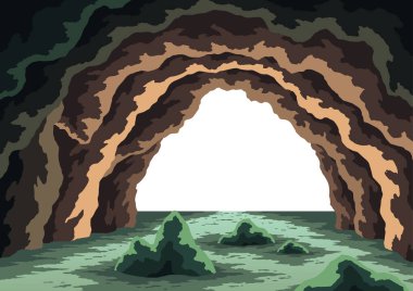 Mağara nehri manzarası. Yeraltındaki kayalık mağarada su var. Karikatür girişten görünüyor. Mağaradan çık. Boş taş mağaranın vektör çizimi. Eski dağ mağarası içeride..