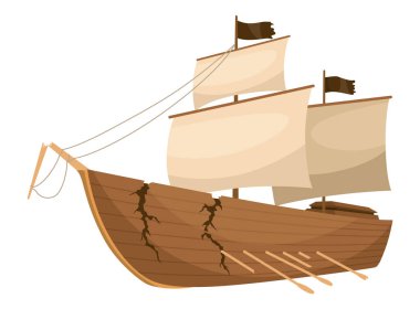 Broken ship icon. Cartoon wooden battered ship with tattered board after wreck or attack. Destroyed, wreck ship isolated on white background.