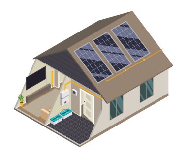Güneş pili ev izometriği. Yenilenebilir enerji modeli ekipmanları, ızgara çevirici sisteminin bileşeni. Bedava enerji için ekoloji enerjisi tasarruf kavramı. Evin enerji kaynağı.