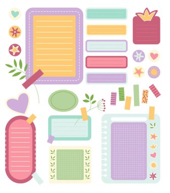 Çizgi film görev planlayıcıları izole edildi. Liste yapmak ya da not defteri kâğıtlarını not etmek için sevimli kağıt yapışkan notlar. Renkli boş zamanlamalar, not kağıtları.