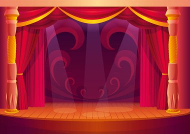 Kırmızı perdeli ve ışıklı tiyatro sahnesi. Tiyatronun içi boş ahşap sahnelerle dolu vektör karikatür çizimi. Konser büyük açılış şablonu.