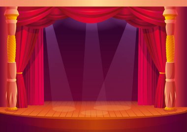 Kırmızı perdeli ve ışıklı tiyatro sahnesi. Tiyatronun içi boş ahşap sahnelerle dolu vektör karikatür çizimi. Konser büyük açılış şablonu.
