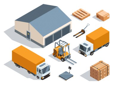 Canlı bir depo, çeşitli kamyonlar ve forklift sergilenen karmaşık detaylı izometrik pikseller.