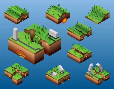 Sismik etkinlik diyagramı. Vektör izometrik dünya kabuk sıkıştırma, yamultma ve gerginlik vurguluyor. Deprem doğal afetler kavramı eğitim poster, bilimsel Infographic, tanıtım için.