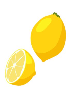 Limon dilimleri. Taze narenciye, yarım dilimlenmiş limon ve doğranmış limon. Limonata suyu ya da C vitamini logosu için limon dilimi ve lezzet kes. İzole edilmiş çizgi film vektör illüstrasyon simgesi.