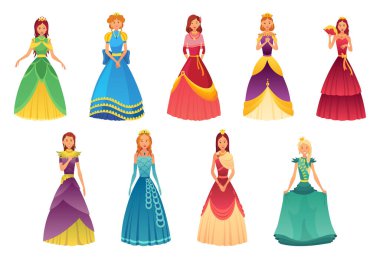Her biri güzel elbiseleriyle tasvir edilmiş on büyüleyici prenses karakterin yer aldığı canlı bir dijital sanat eseri.