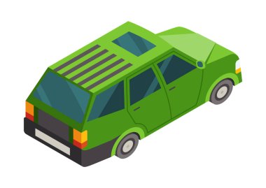 Canlı yeşil bir araba detaylı bir izometrik dizaynla tasvir edilmiş, kaprisli ve çağdaş bir estetik sergiliyor.