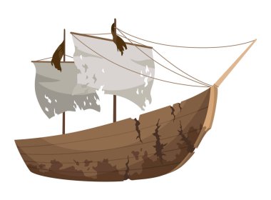 Broken ship icon. Cartoon wooden battered ship with tattered flag and sails after wreck or attack. Destroyed, wreck ship isolated on white background.