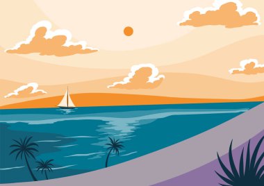 Deniz suyuna yakın, palmiye ağaçları ve sarı günbatımı olan bir yol. Tatil ya da yaz tatili için doğa manzarası Okyanus kıyısında.