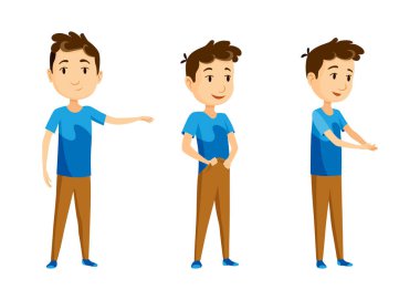 Çizgi film karakteri çocuk. Duruşları, duruşları ve pozları farklı, her zaman olumlu tutumları olan, farklı aktiviteler yapan. Çizgi film vektör illüstrasyonu.