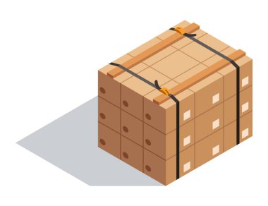 Yığılmış karton kutuların tasviri, lojistikle ilgili medya için ideal olan kayışlarla sıkıca korunuyor.